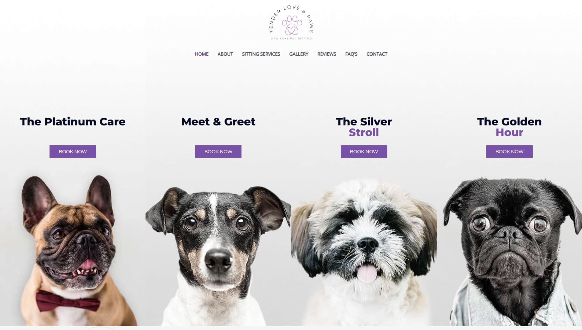 Pet care services website with booking and service listings